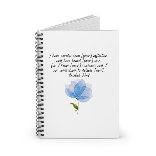 Exodus 3:7-8: I have surely seen [your] affliction… and have heard [your] cry… for I know [your] sorrows; And I am come down to deliver [you]. Notebook.