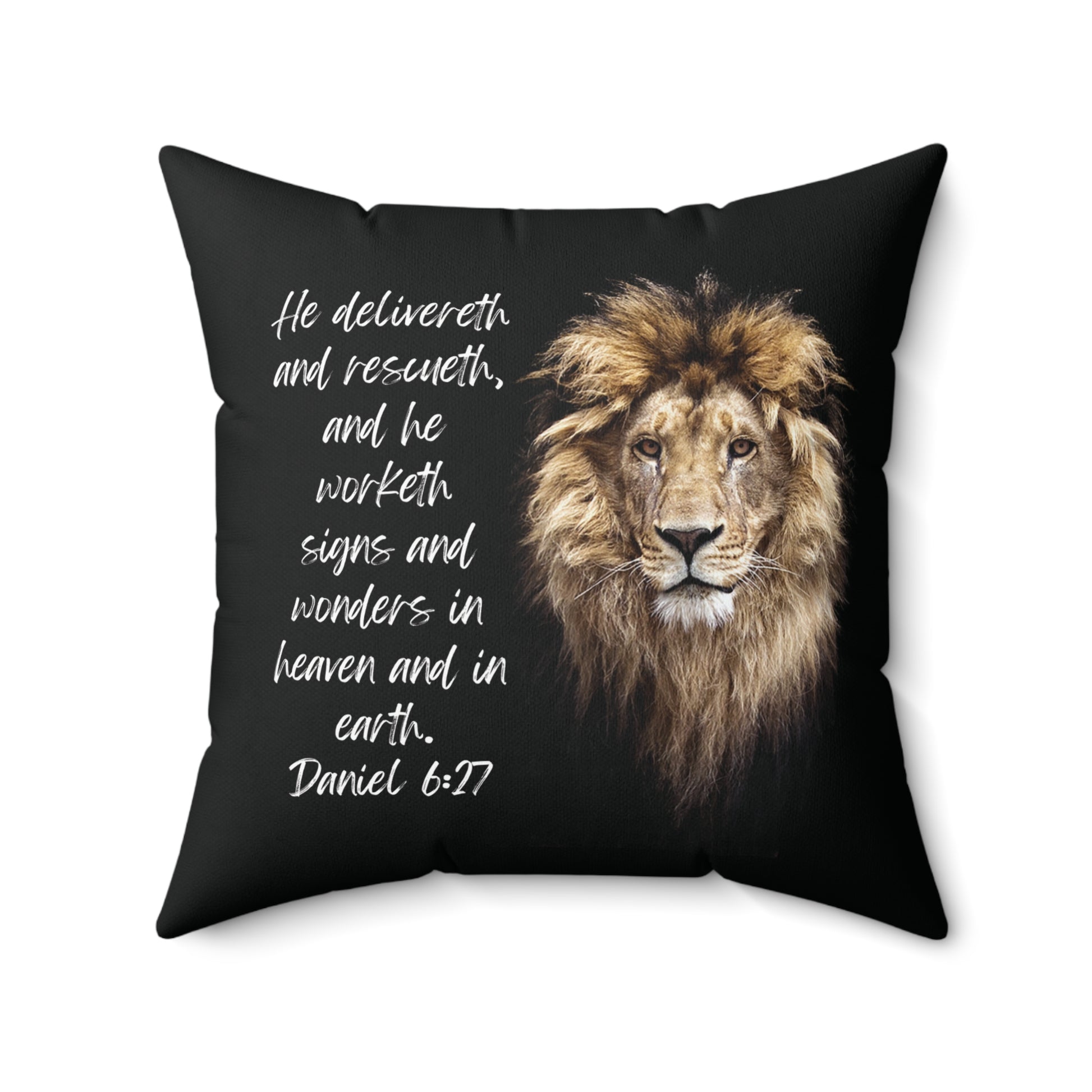 Daniel 6:27: He delivereth and rescueth, and he worketh signs and wonders in heaven and in earth. Pillow.