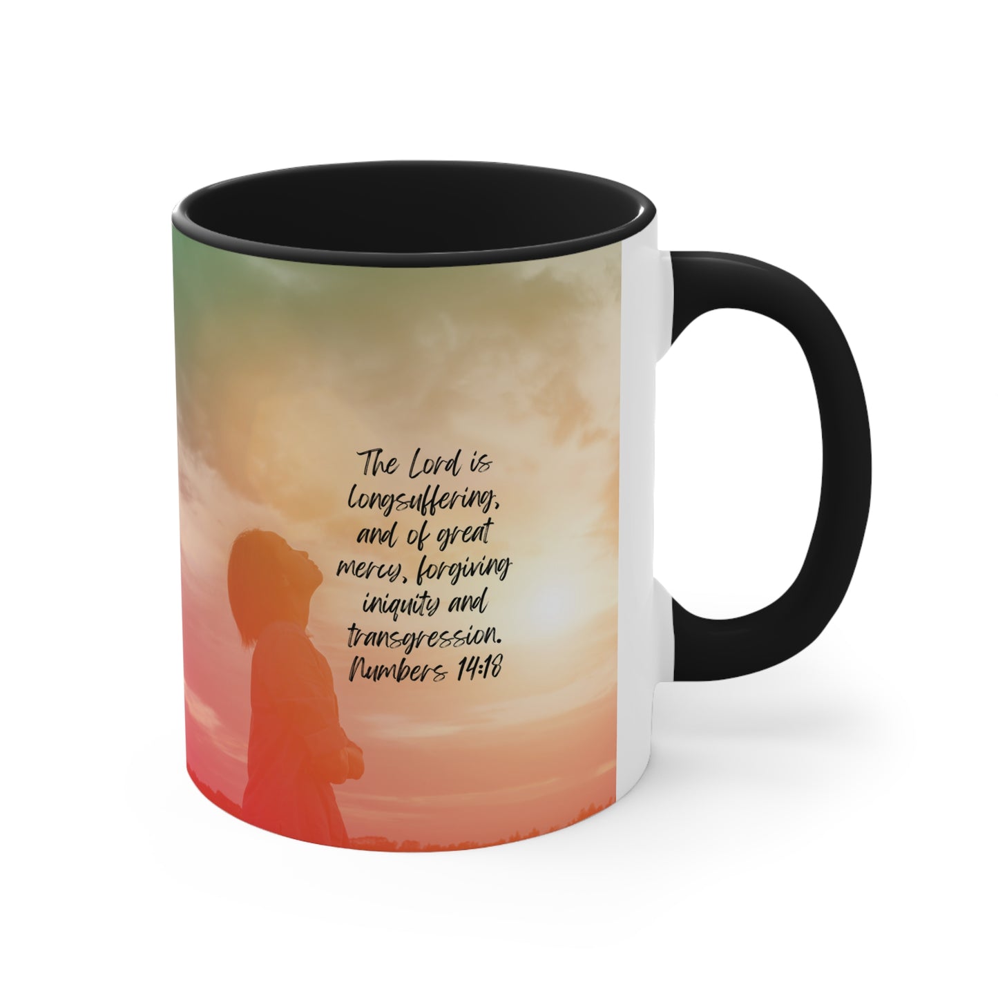 Numbers 14:18: The Lord is longsuffering, and of great mercy, forgiving iniquity and transgression. Black accent mug.