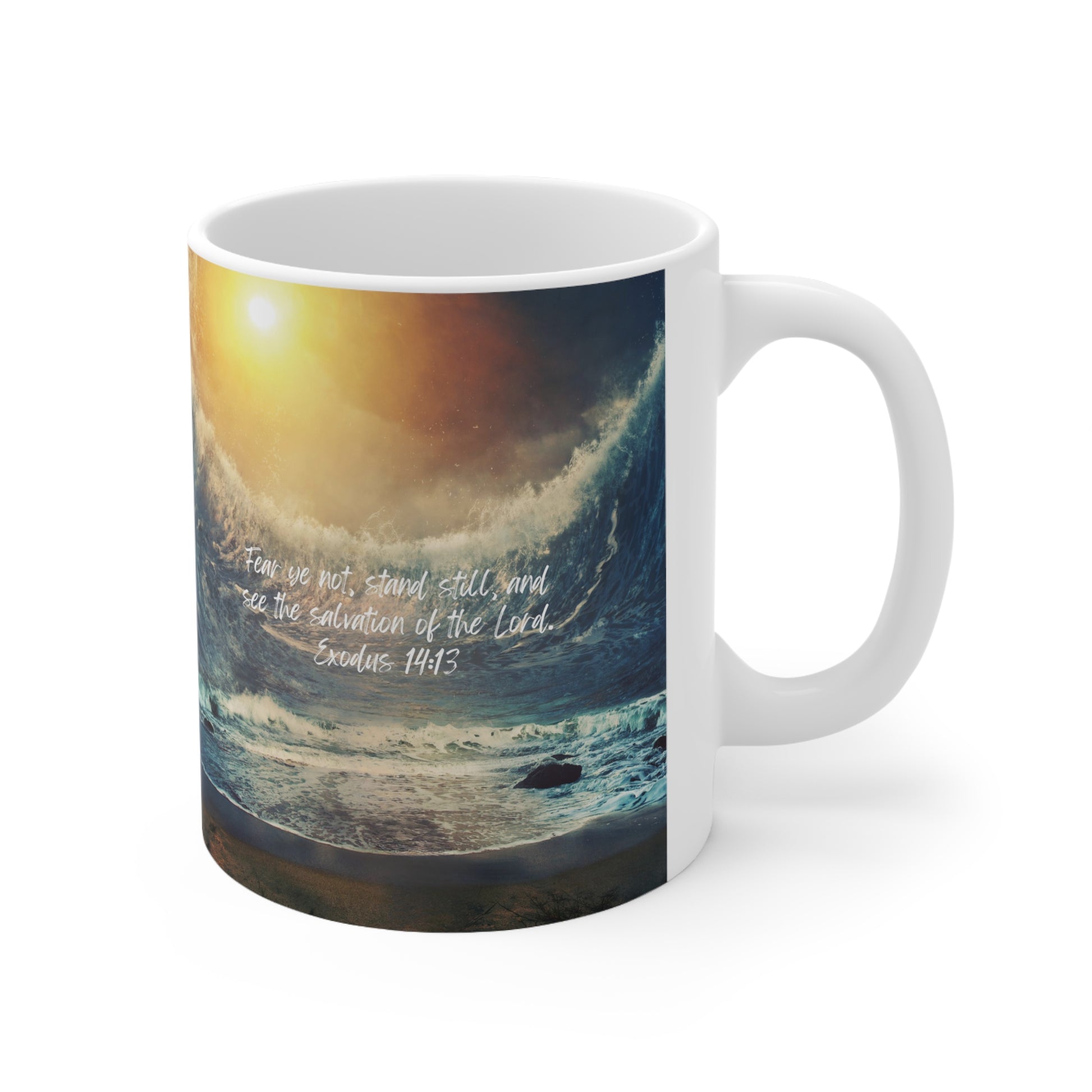 Exodus 14:13: Fear ye not, stand still, and see the salvation of the Lord. White mug.