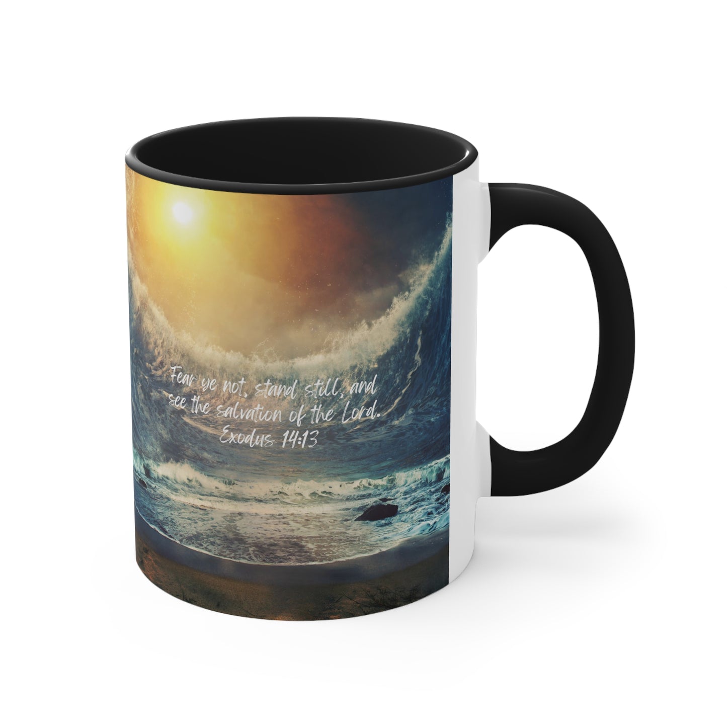 Exodus 14:13: Fear ye not, stand still, and see the salvation of the Lord. Black accent mug.