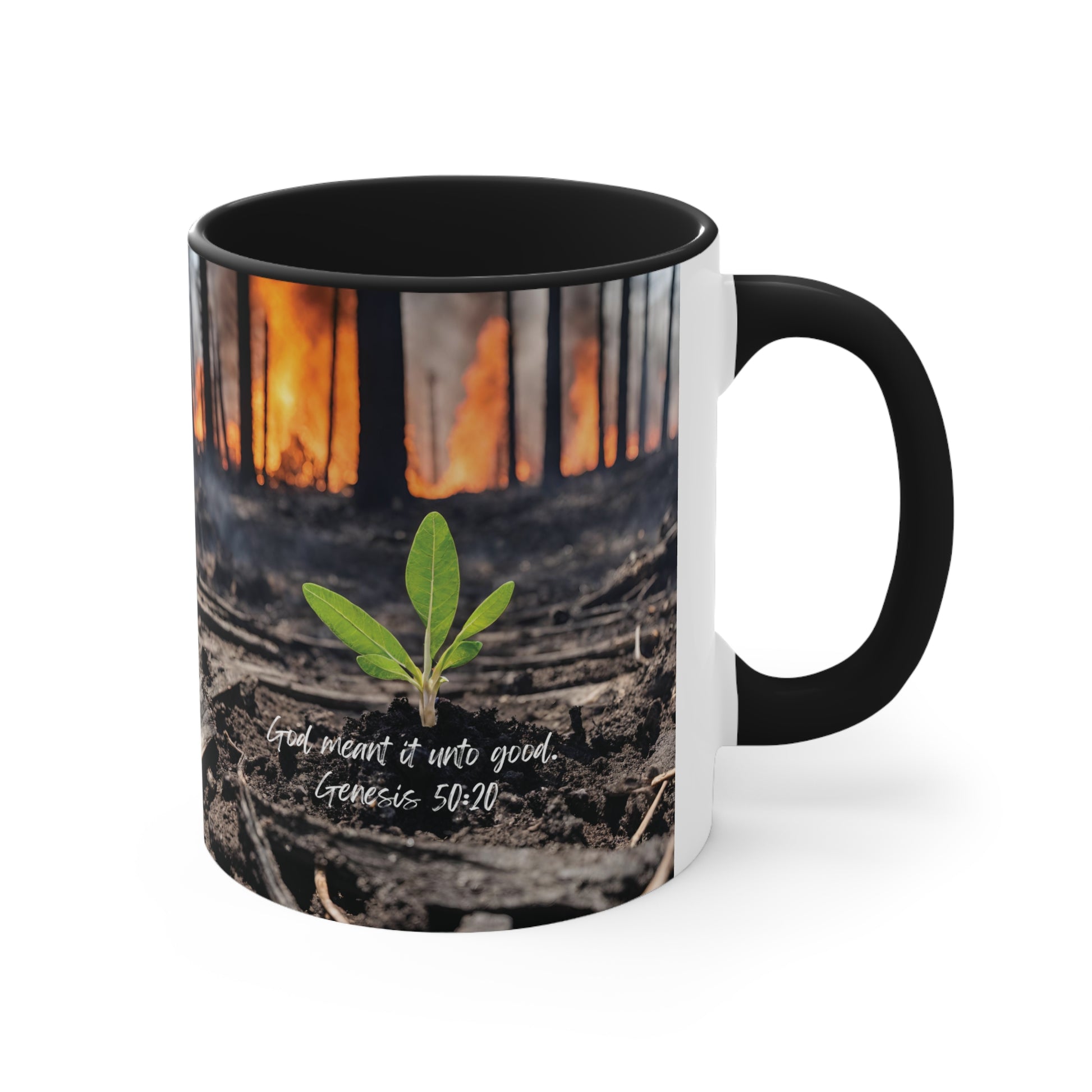 Genesis 50:20: God meant it unto good. Black accent mug.