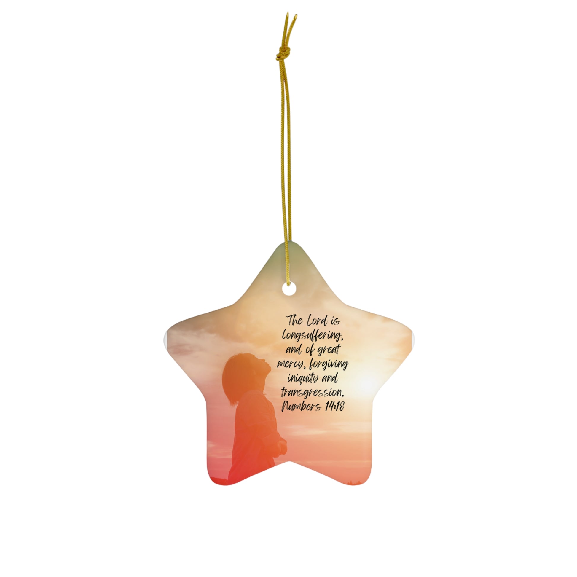 Numbers 14:18: The Lord is longsuffering, and of great mercy, forgiving iniquity and transgression. Star shaped ornament.