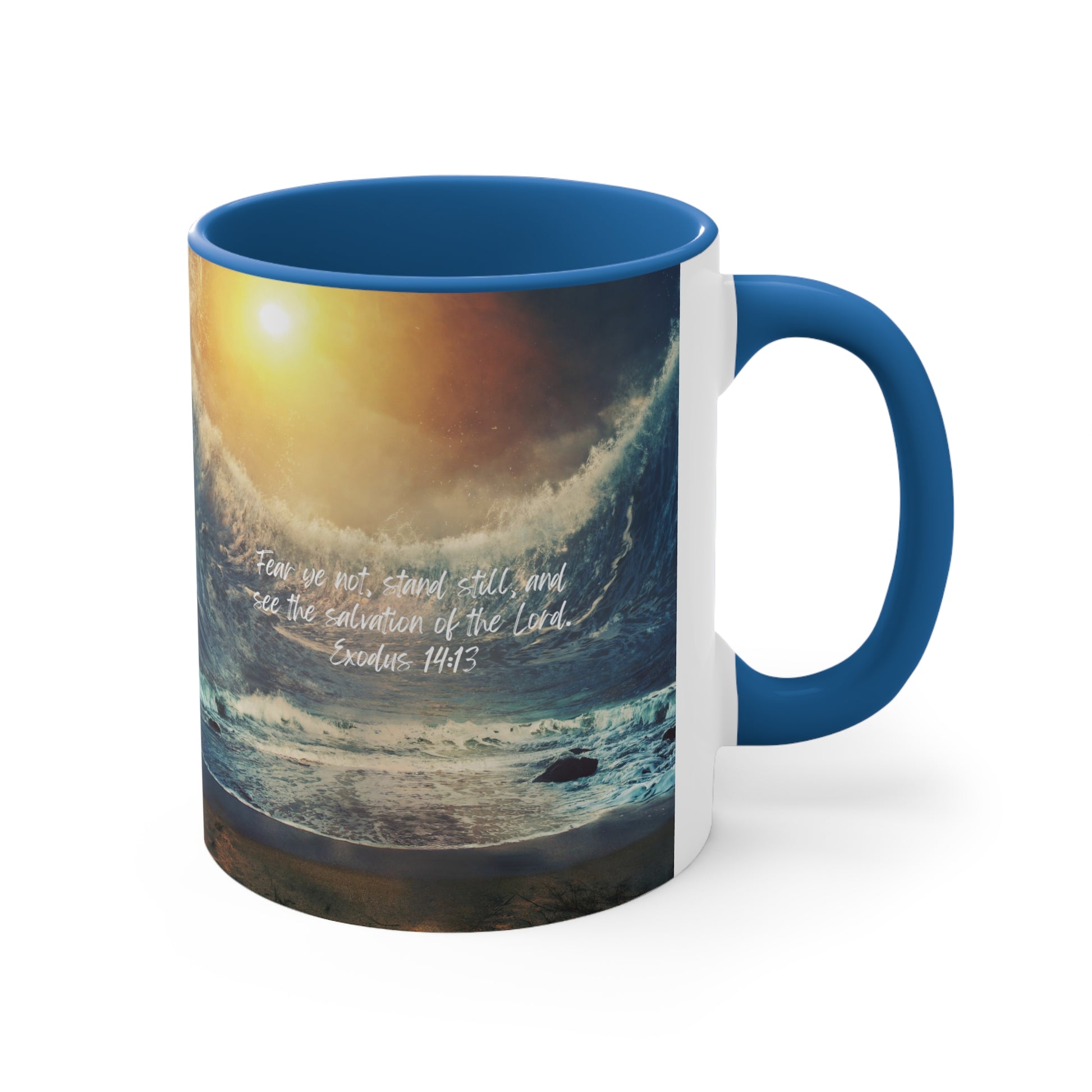 Exodus 14:13: Fear ye not, stand still, and see the salvation of the Lord. Blue accent mug.