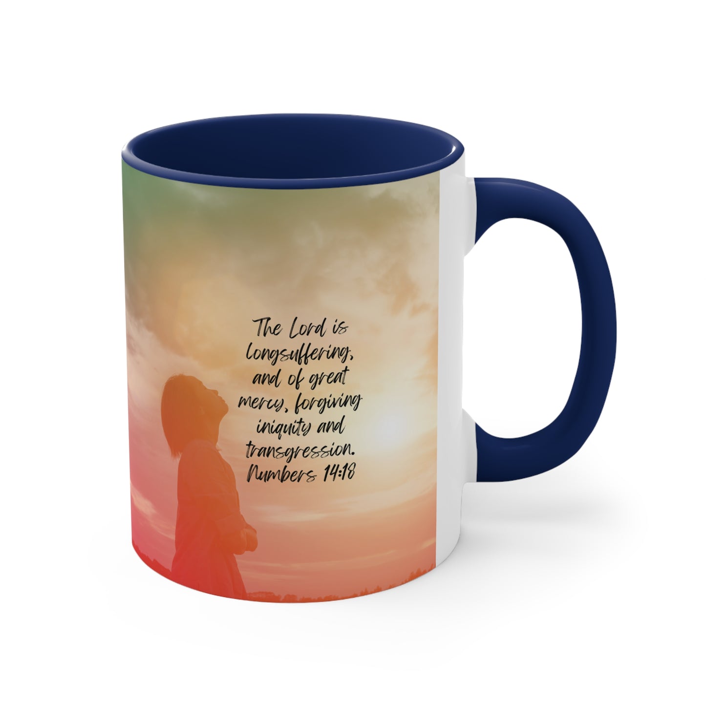 Numbers 14:18: The Lord is longsuffering, and of great mercy, forgiving iniquity and transgression. Navy accent mug.