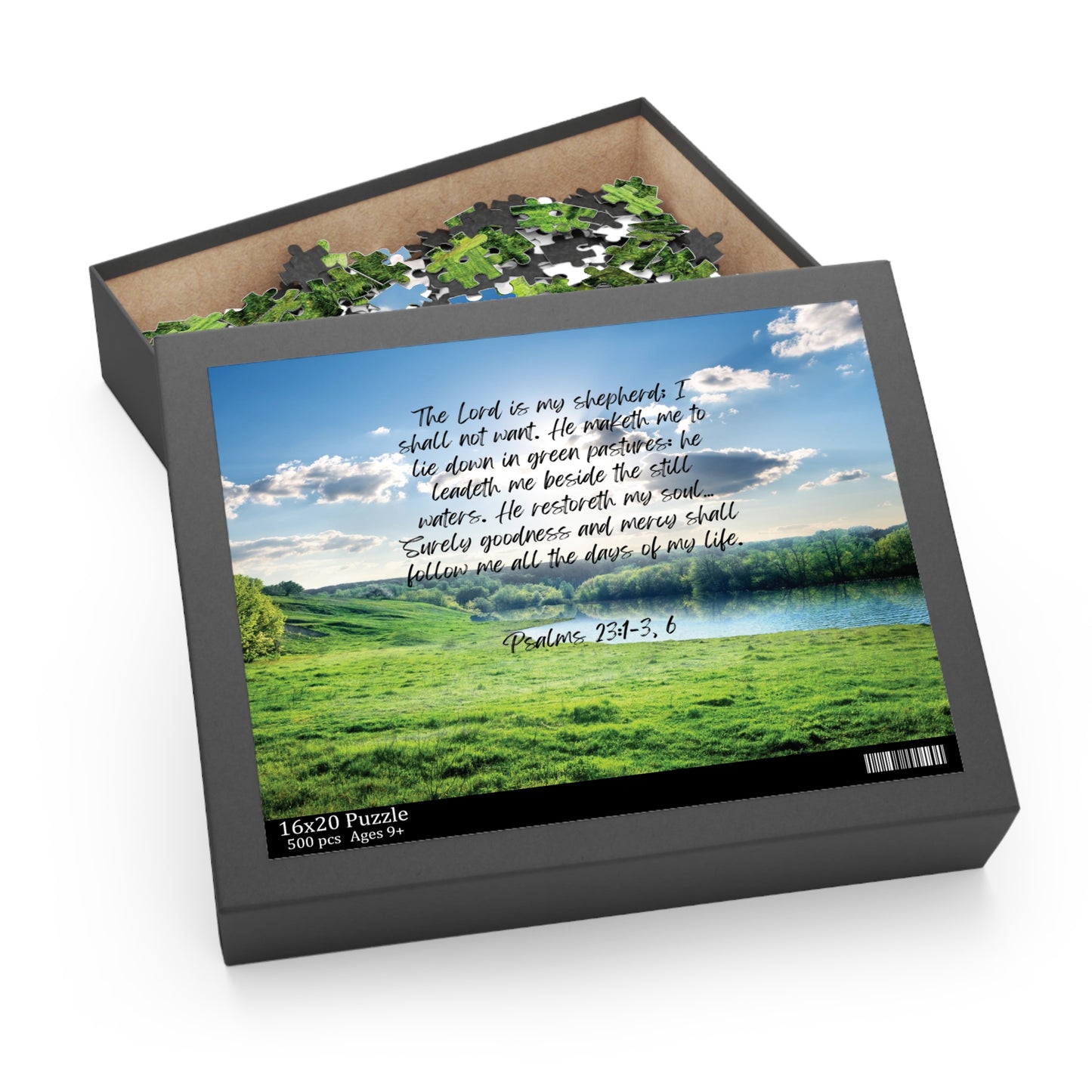 Psalm 23:1-3, 6: The Lord is my shepherd; I shall not want. He maketh me to lie down in green pastures: he leadeth me beside the still waters. He restoreth my soul… Surely goodness and mercy shall follow me all the days of my life. Puzzle.