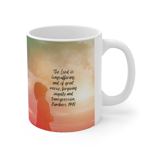 Numbers 14:18: The Lord is longsuffering, and of great mercy, forgiving iniquity and transgression. White mug.